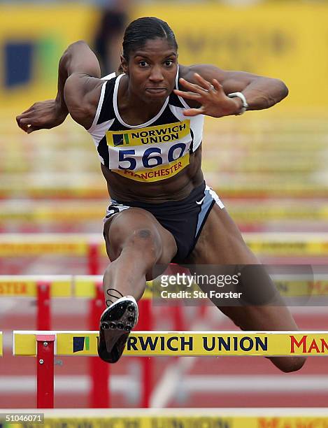 Denise Lewis in the Womens 100 metres Hurdles during the Norwich Union Athletics Olympic Trials at Manchester Regional Arena on July 10, 2004 in...