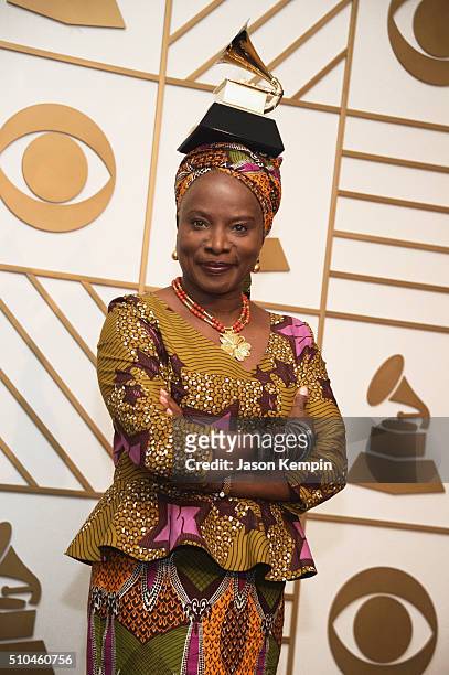 Recording artist Angelique Kidjo poses in the press room during The 58th GRAMMY Awards at Staples Center on February 15, 2016 in Los Angeles,...