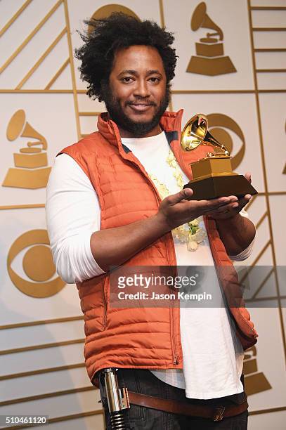 Musician Thundercat, winner of Best Rap/Sung Collaboration for 'These Walls' poses in the press room during The 58th GRAMMY Awards at Staples Center...