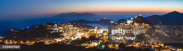 panorama of ios, greece during twilight - ios greece stock pictures, royalty-free photos & images