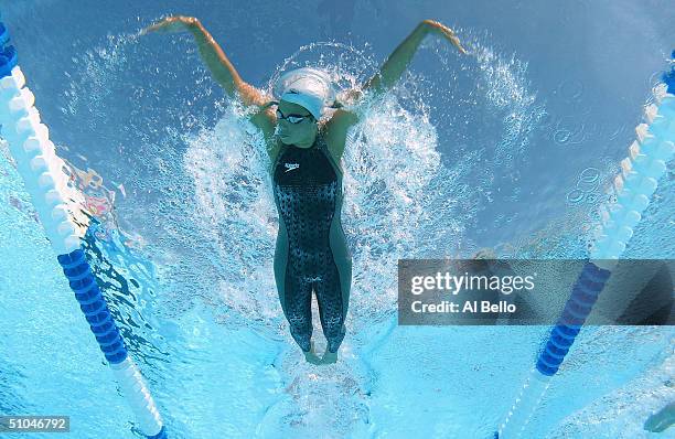 Dana Kirk swims the 200 meter Butterfly during The US Olympic Swimming Team Trials on July 10, 2004 at the Charter All Digital Aquatics Centre in...