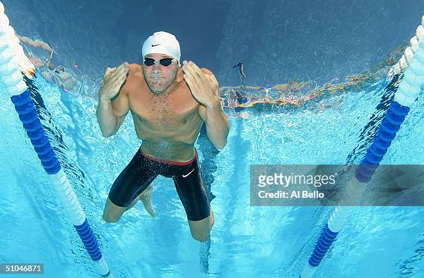 Brendan Hansen swims the 200 meter Breast stroke heats during The US Olympic Swimming Team Trials on July 10, 2004 at Charter All Digital Aquatics...
