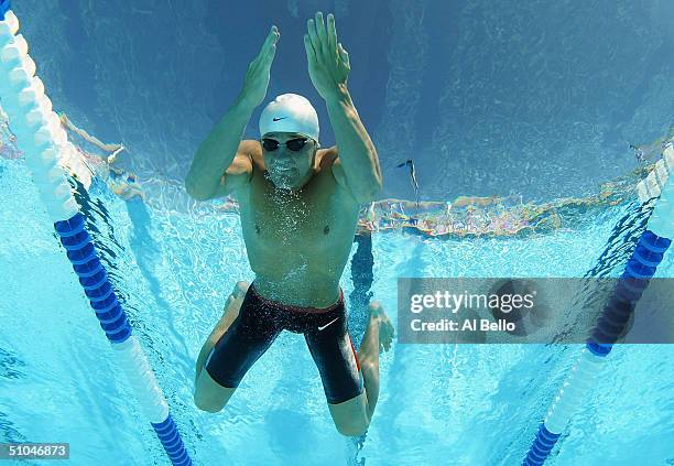 Brendan Hansen swims the 200 meter Breast stroke heats during The US Olympic Swimming Team Trials on July 10, 2004 at Charter All Digital Aquatics...