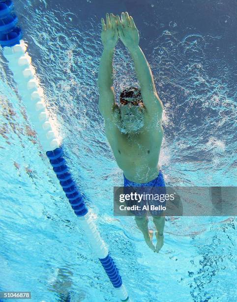 Ed Moses swims the 200 meter Breaststroke heat during The US Olympic Swimming Team Trials on July 10, 2004 at Charter All Digital Aquatics Centre in...