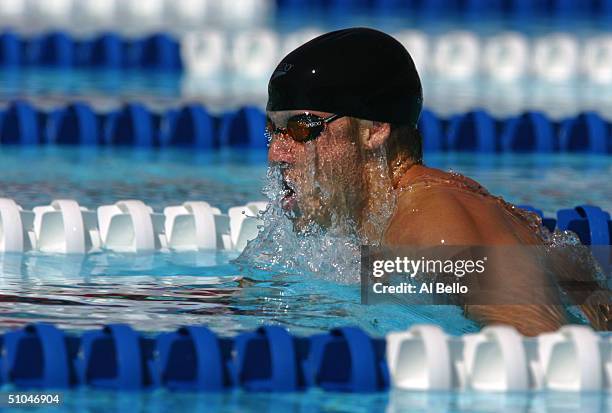 Ed Moses swims the 200 meter Breaststroke during The US Olympic Swimming Team Trials on July 10, 2004 at Charter All Digital Aquatics Centre in Long...