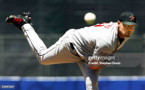 Pitcher Roger Clemens of the Houston Astros throws a pitch against the Los Angeles Dodgers on July 10, 2004 at Dodger Stadium in Los Angeles,...