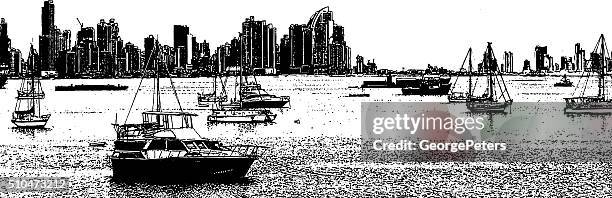 panama city skyline and sailboats - panama city stock illustrations