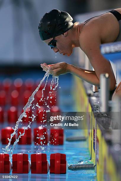 Amanda Beard prepares to swim the 200 meter Individual Medley final during the US Swimming Olympic Team Trials on July 10, 2004 at the Charter All...