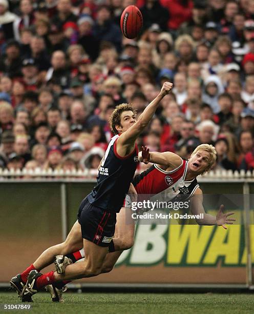 Jared Rivers for the Demons spoils Nick Riewoldt for the Saints, during the round 15 AFL match between the Melbourne Demons and the St Kilda Saints...