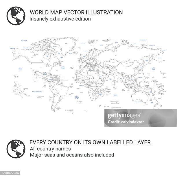 weltkarte mit allen ländern auf seine eigene schicht - internationale grenze stock-grafiken, -clipart, -cartoons und -symbole