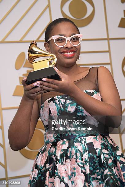 Recording artist Cecile McLorin Salvant poses in the press room during The 58th GRAMMY Awards at Staples Center on February 15, 2016 in Los Angeles,...