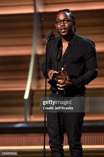 Recording artist Kendrick Lamar accepts the award for Best Rap Album for 'To Pimp a Butterfly' onstage during The 58th GRAMMY Awards at Staples...