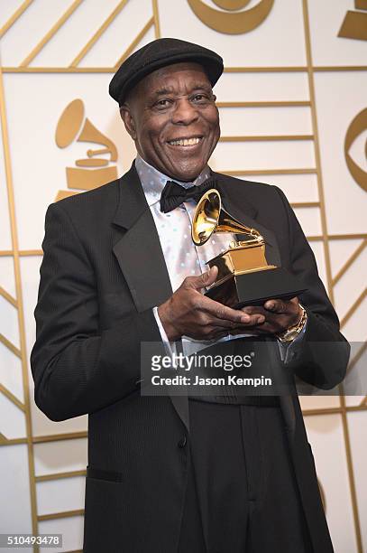 Musician Buddy Guy poses in the press room during The 58th GRAMMY Awards at Staples Center on February 15, 2016 in Los Angeles, California.