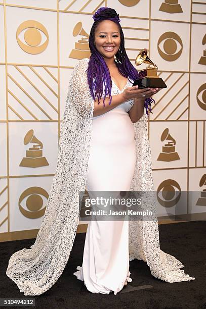 Singer Lalah Hathaway, winner of Best Traditional R&B Performance for 'Little Ghetto Boy' poses in the press room during The 58th GRAMMY Awards at...