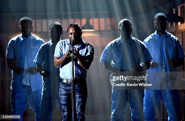 Recording artist Kendrick Lamar performs onstage during The 58th GRAMMY Awards at Staples Center on February 15, 2016 in Los Angeles, California.