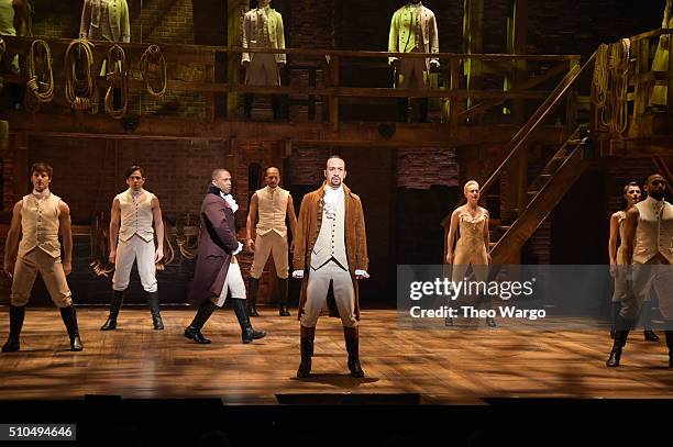 Actor Leslie Odom, Jr. And actor, composer Lin-Manuel Miranda and cast of "Hamilton" perform on stage during "Hamilton" GRAMMY performance for The...