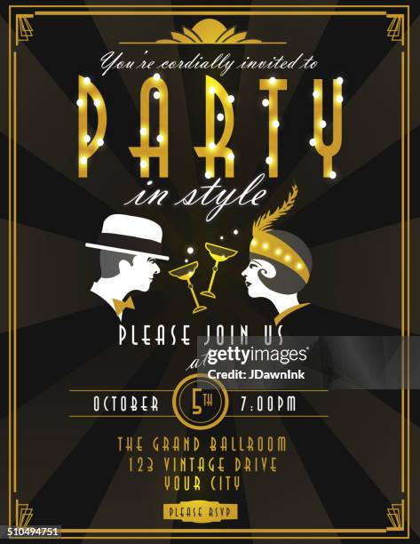 art deco style  party invitation design template champagne and faces - brass frame stock illustrations