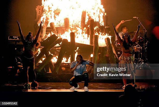 Recording artist Kendrick Lamar performs onstage during The 58th GRAMMY Awards at Staples Center on February 15, 2016 in Los Angeles, California.