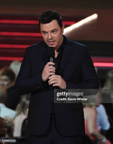 Writer/actor Seth MacFarlane speaks onstage during The 58th GRAMMY Awards at Staples Center on February 15, 2016 in Los Angeles, California.