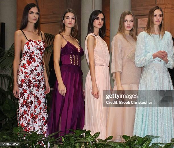 Models after the Carolina Herrera show during Fall 2016 New York Fashion Week in the Frick Museum on February 15, 2016 in New York City.