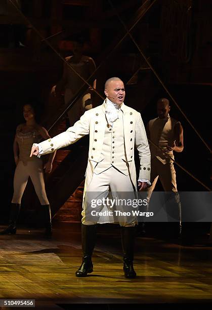 Actor Christopher Jackson performs on stage during "Hamilton" GRAMMY performance for The 58th GRAMMY Awards at Richard Rodgers Theater on February...