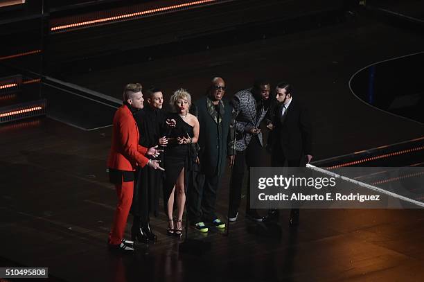 Recording artists Scott Hoying, Mitch Grassi, Kirstin Maldonado of Pentatonix, Stevie Wonder, Kevin Olusola and Avi Kaplan speak onstage during The...