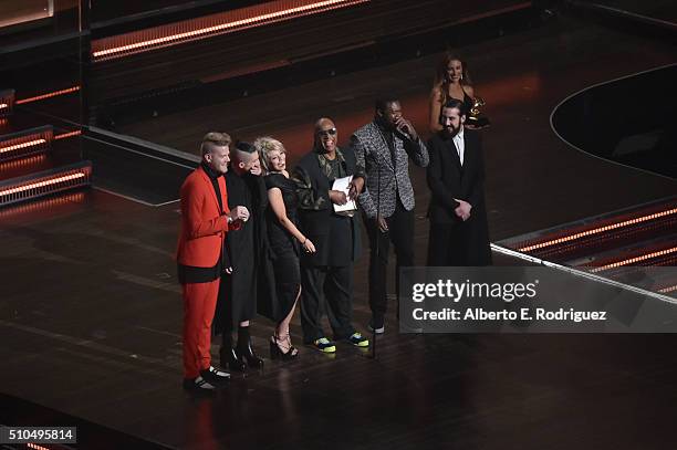 Recording artists Scott Hoying, Mitch Grassi, Kirstin Maldonado of Pentatonix, Stevie Wonder, Kevin Olusola and Avi Kaplan speak onstage during The...