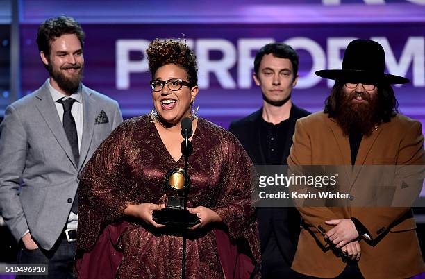 Recording artists Steve Johnson, Brittany Howard, Heath Fogg, and Zac Cockrell of music group Alabama Shakes accept the Best Rock Performance award...