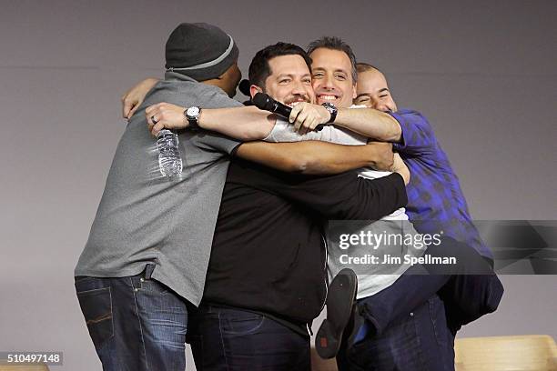 Comedians Roy Wood Jr, Sal Vulcano, Joe Gatto and James Murray attend Apple Store Soho Presents Meet The Impractical Jokers at Apple Store Soho on...