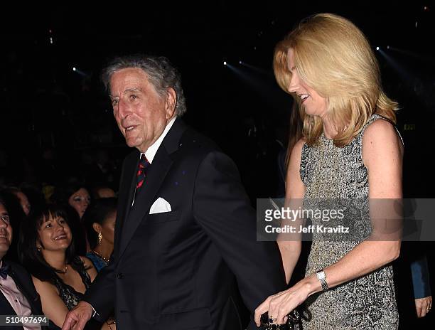 Recording artist Tony Bennett and Susan Crow during The 58th GRAMMY Awards at Staples Center on February 15, 2016 in Los Angeles, California.