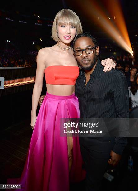 Taylor Swift and Kendrick Lamar attend The 58th GRAMMY Awards at Staples Center on February 15, 2016 in Los Angeles, California.