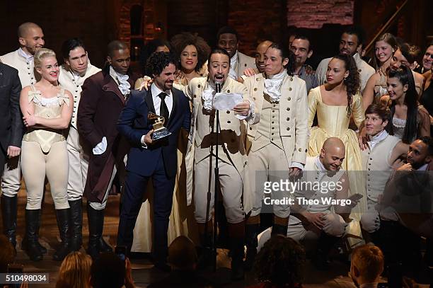 Music director Alex Lacamoire, actor, composer Lin-Manuel Miranda and cast of "Hamilton" celebrate on stage during "Hamilton" GRAMMY performance for...
