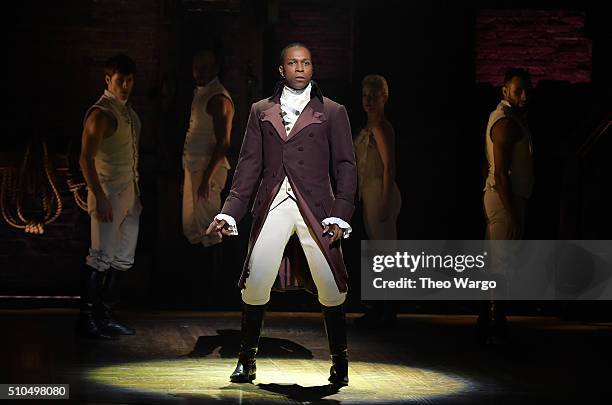 Actor Leslie Odom, Jr. Performs on stage during "Hamilton" GRAMMY performance for The 58th GRAMMY Awards at Richard Rodgers Theater on February 15,...