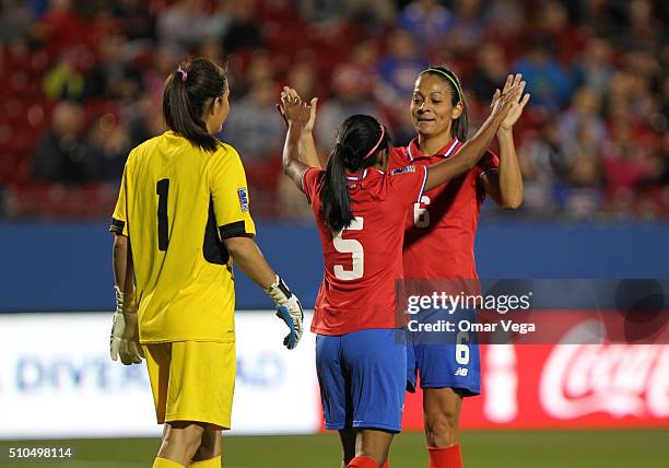 Goalkeeper of Costa Rica Dinnia Diaz, Diana Saenz and Carol Sanchez celebrate during a match between Mexico and Costa Rica as part of the Women's...