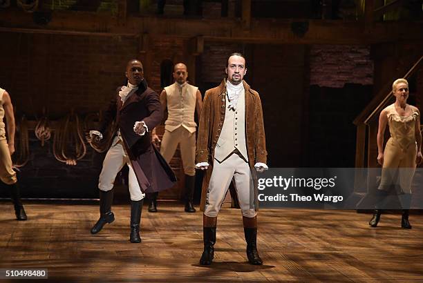Actor Leslie Odom, Jr. And actor, composer Lin-Manuel Miranda perform on stage during "Hamilton" GRAMMY performance for The 58th GRAMMY Awards at...
