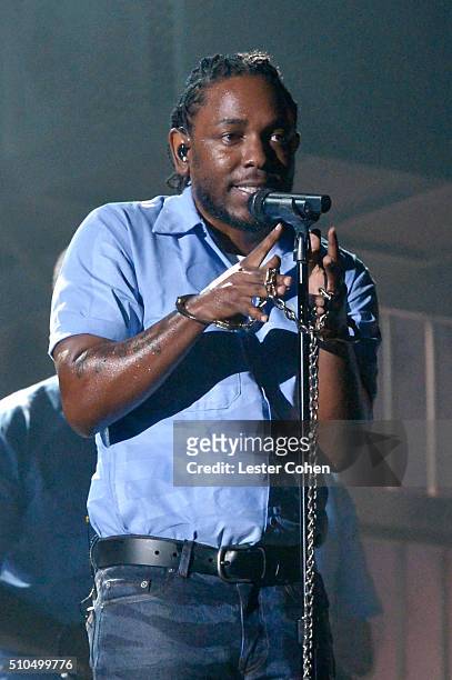 Hip-hop artist Kendrick Lamar performs onstage during The 58th GRAMMY Awards at Staples Center on February 15, 2016 in Los Angeles, California.