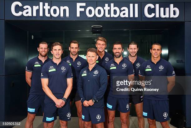 The Carlton leadership group of Sam Docherty, captain Marc Murphy, Andrew Walker, coach Brendon Bolton, Patrick Cripps, vice captain Kade Simpson,...