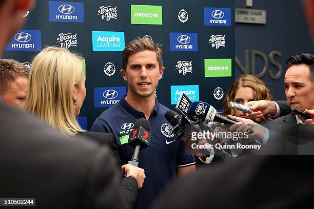 Marc Murphy the captain of the Blues speaks to the media during a Carlton Blues AFL media session at Ikon Park on February 16, 2016 in Melbourne,...
