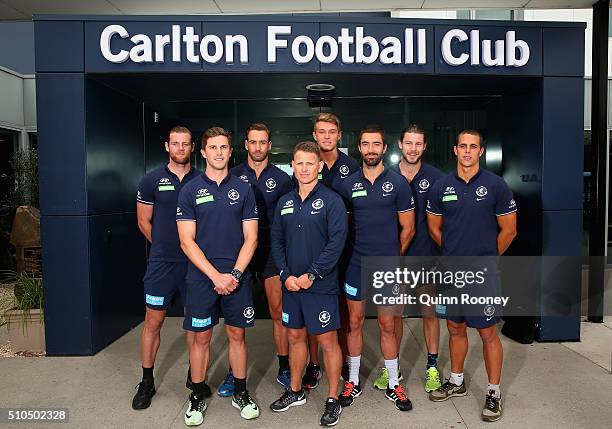 The Carlton leadership group of Sam Docherty, captain Marc Murphy, Andrew Walker, coach Brendon Bolton, Patrick Cripps, vice captain Kade Simpson,...