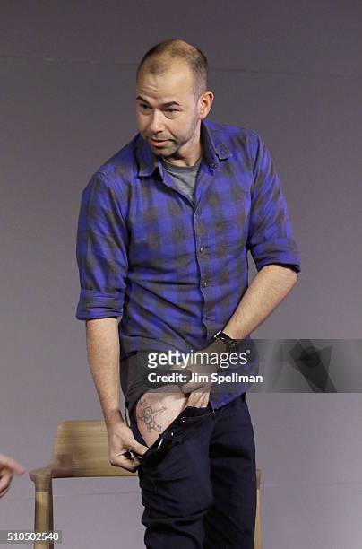 Comedian James Murray, tattoo detail, attends Apple Store Soho Presents Meet The Impractical Jokers at Apple Store Soho on February 15, 2016 in New...