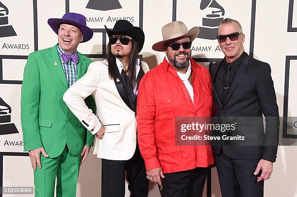 Musicians Jerry Dale McFadden, Eddie Perez,Raul Malo and Paul Deakin of The Mavericks attend The 58th GRAMMY Awards at Staples Center on February 15,...