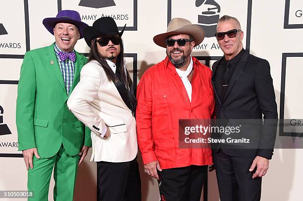 Musicians Jerry Dale McFadden, Eddie Perez,Raul Malo and Paul Deakin of The Mavericks attend The 58th GRAMMY Awards at Staples Center on February 15,...