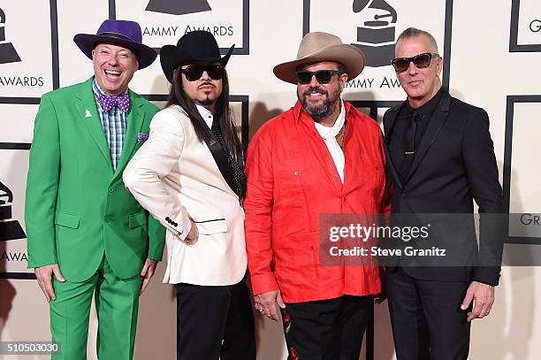 Musicians Jerry Dale McFadden, Eddie Perez,Raul Malo and Paul Deakin of The Mavericks attend The 58th GRAMMY Awards at Staples Center on February 15,...