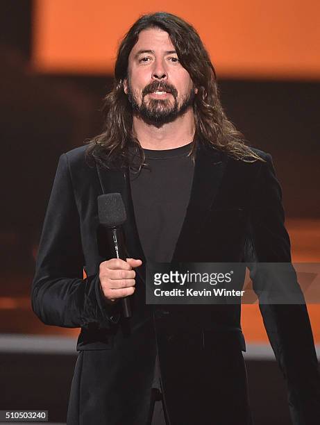 Recording artist Dave Grohl of music group Foo Fighters speaks onstage during The 58th GRAMMY Awards at Staples Center on February 15, 2016 in Los...