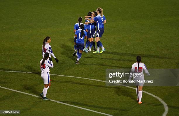 Christen Press and Kelley O'Hara of USA celebrate a goal against Puerto Rico during CONCACAF Women's Olympic Qualifying at Toyota Stadium on February...