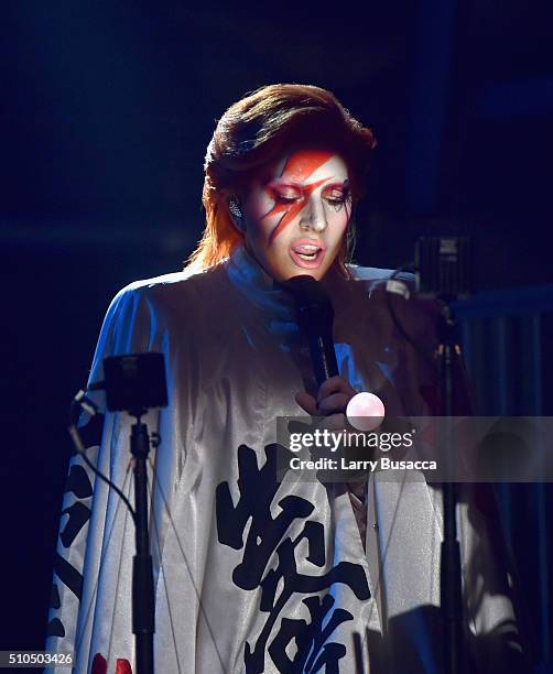 Singer Lady Gaga performs a tribute to the late David Bowie onstage during The 58th GRAMMY Awards at Staples Center on February 15, 2016 in Los...