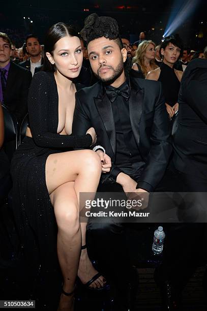 Bella Hadid and The Weeknd attend The 58th GRAMMY Awards at Staples Center on February 15, 2016 in Los Angeles, California.