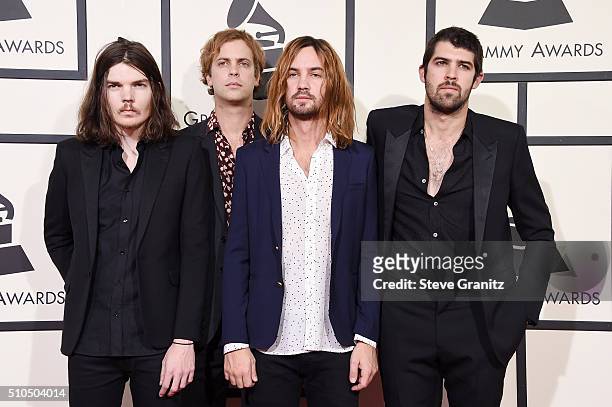 Recording artists Dominic Simper, Jay Watson, Kevin Parker, and Cam Avery of music group Tame Impala attend The 58th GRAMMY Awards at Staples Center...