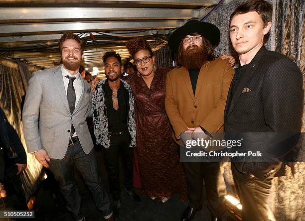 Singer Miguel poses with musicians Steve Johnson, Brittany Howard, Zac Cockrell, and Heath Fogg of Alabama Shakes attend The 58th GRAMMY Awards at...