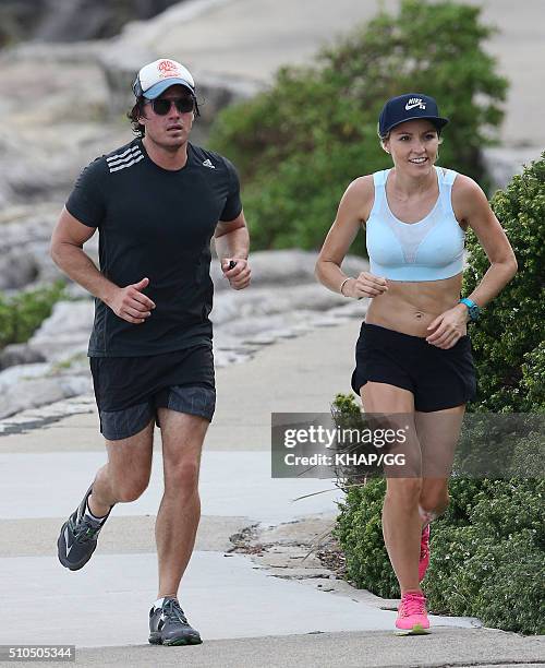 Presenter, James Tobin enjoys a run with a running partner on February 15, 2016 in Sydney, Australia.